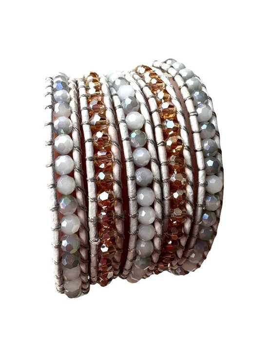 Victoria Emerson Jewelry - Victoria Emerson Leather Wrap Bracelet Quartz Crystal Beads 36" White Rose Gold